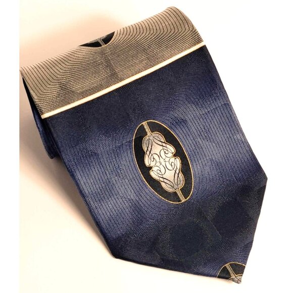 Forte Handmade 100% Silk Men's Neck Tie Blue Gray Geometric Pattern - Picture 1 of 5